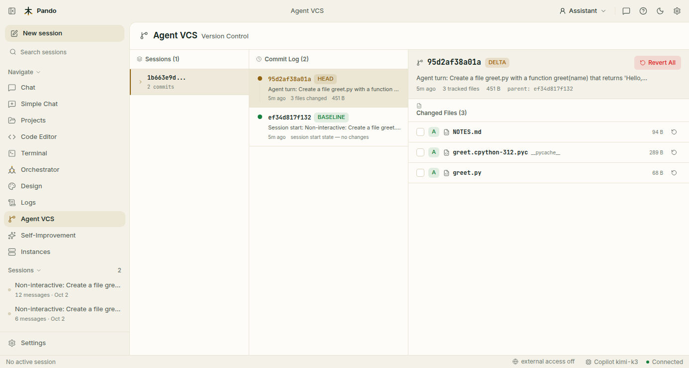 Agent VCS view: sessions, commit log and the files changed in the selected save point