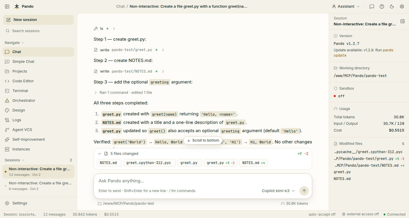 Chat with the list of changed files under the answer and the Modified files section in the right panel