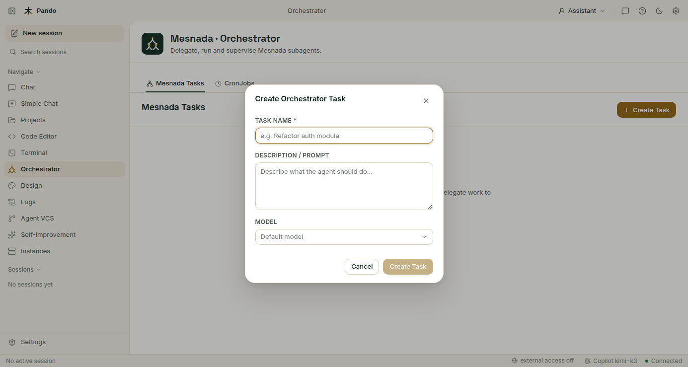 Create Orchestrator Task dialog with name, prompt and model