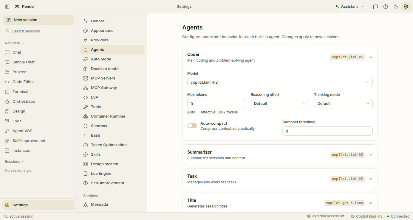 Coder agent: model, reasoning effort, thinking mode and auto-compact
