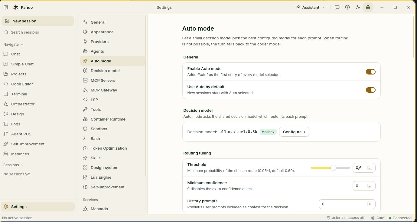 Auto mode settings with the two main switches and the decision model status