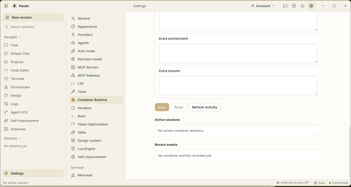 Active container sessions and recent events