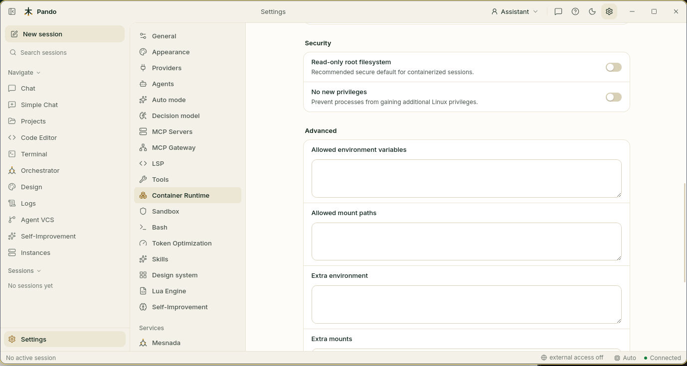 Container security and advanced settings