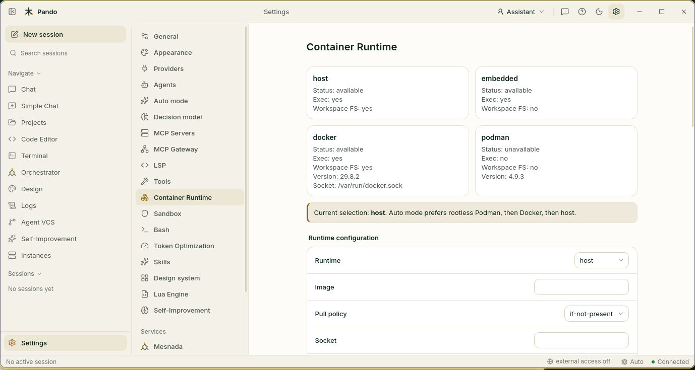 Container runtime settings