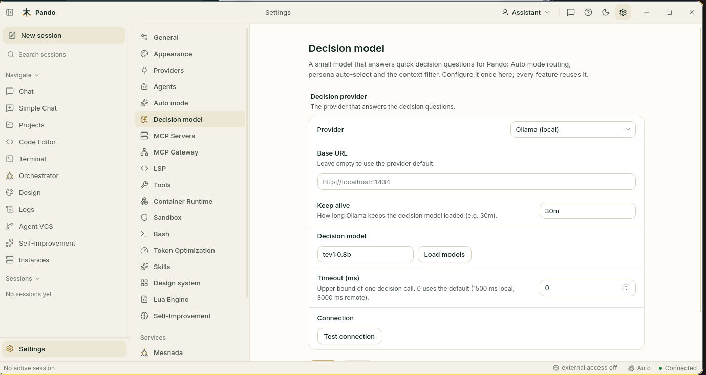 Decision model settings: provider, model and connection test
