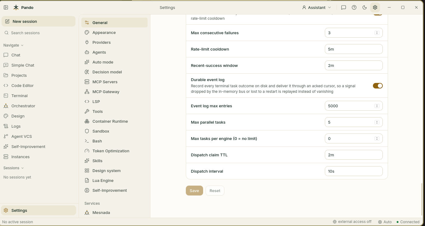 Durable event log and dispatch settings