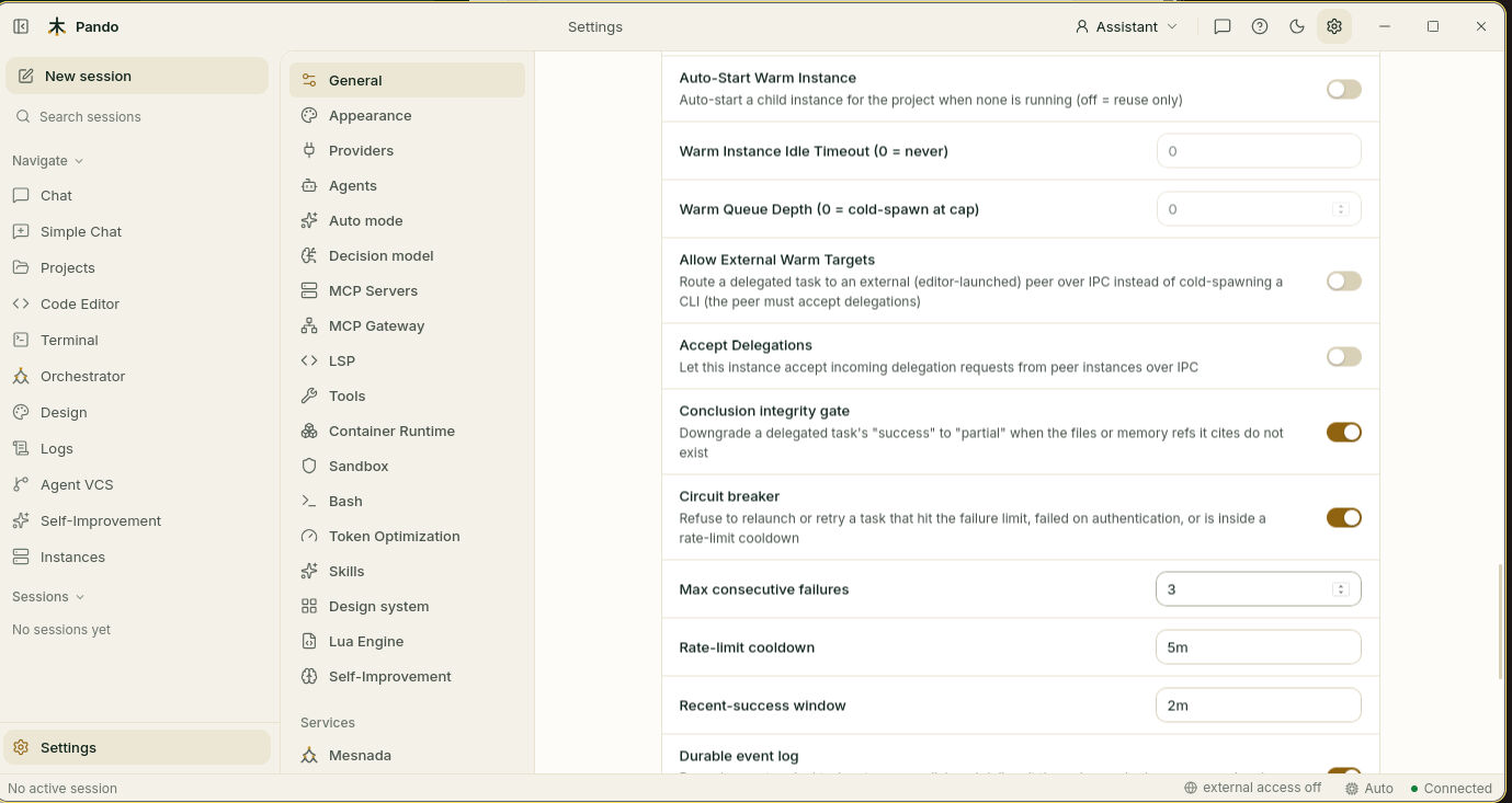 Warm instance, integrity gate and circuit breaker settings