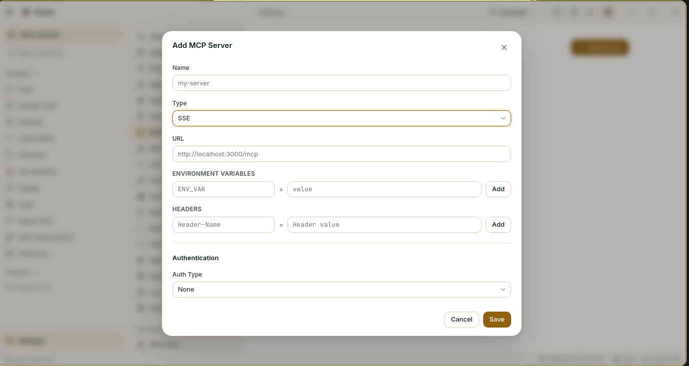 Add MCP Server dialog for a server on the network