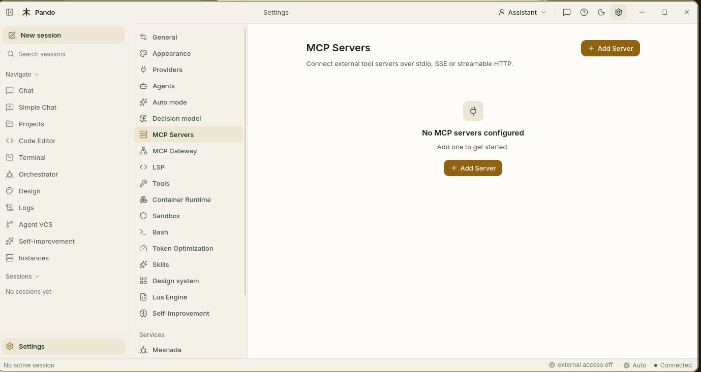 MCP servers screen with no servers yet