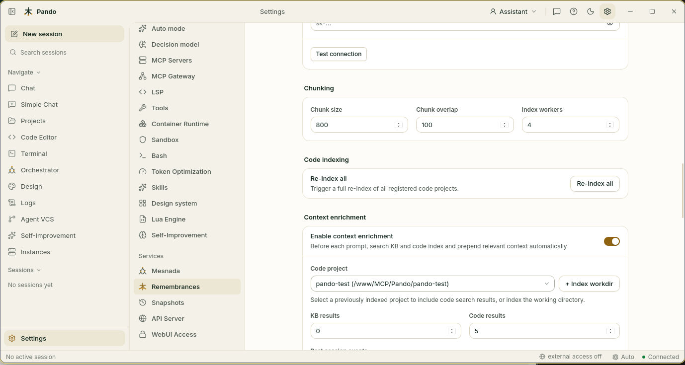 Chunking, code indexing with the Re-index all button, and context enrichment