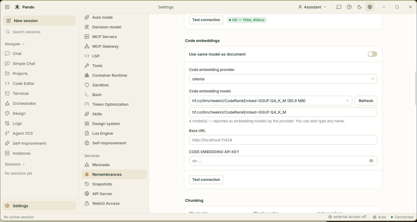 Code embeddings: the Use same model as document switch off, provider ollama and the model picker