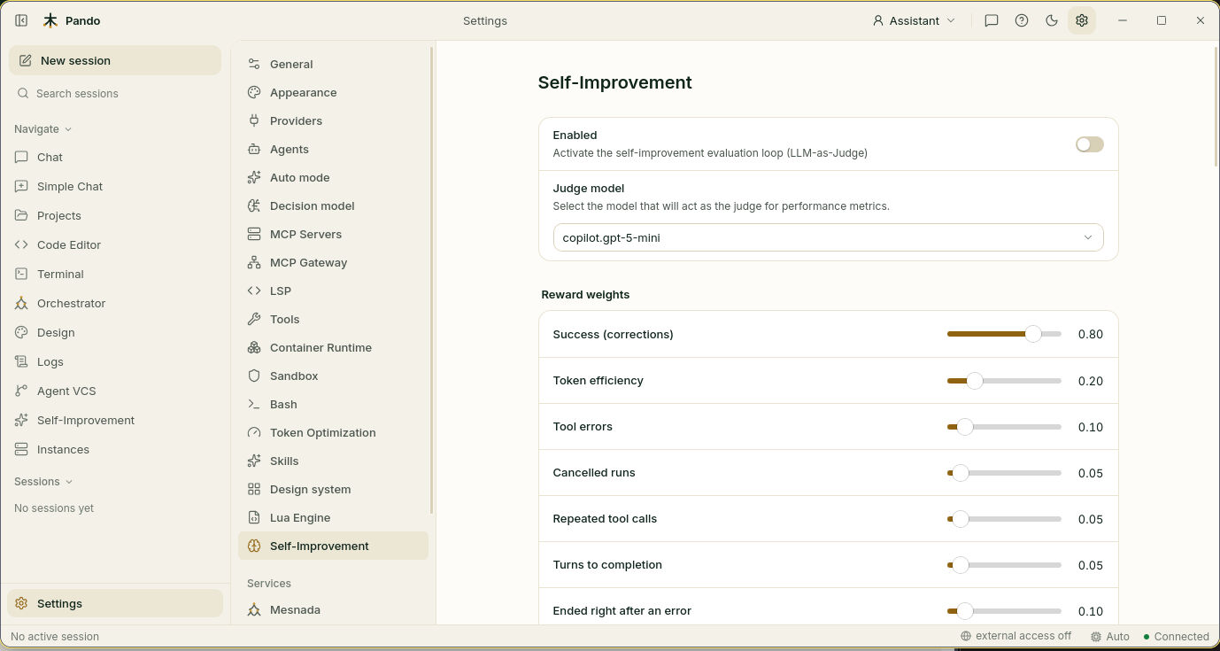 Self-improvement settings: enabled, judge model and reward weights