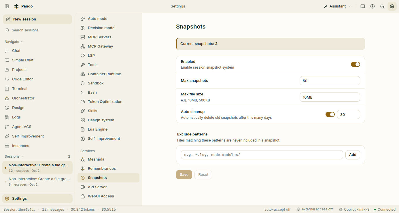 Snapshot settings: enabled, limits, auto cleanup and exclude patterns