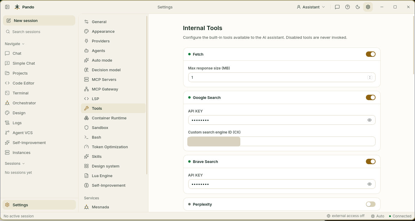 Tools screen with fetch and web search