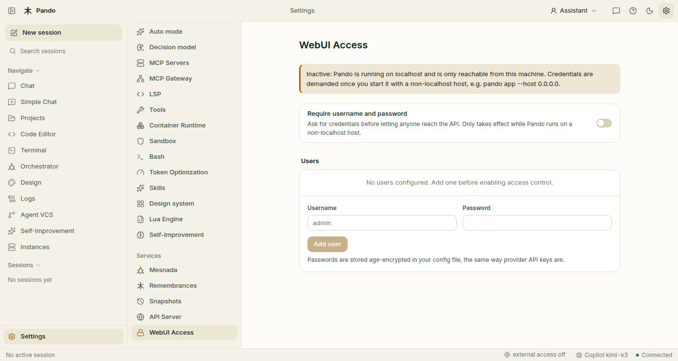 WebUI Access settings